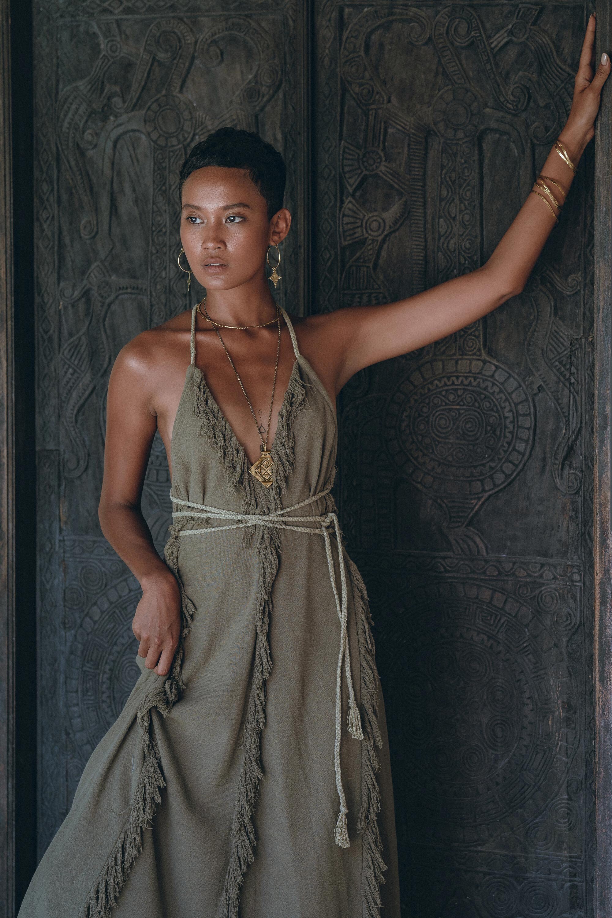 Boho Maxi Dress for Women  Organic Cotton Sage Colour Goddess Dress S