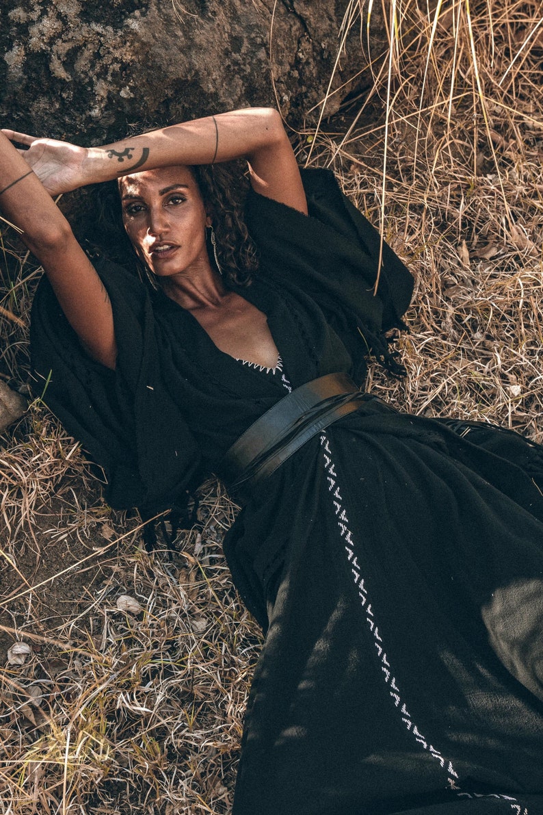 Embellished Kimono Robe | Wide Sleeve & Adjustable Bohemian Style | Black Fringe for a Flattering Look