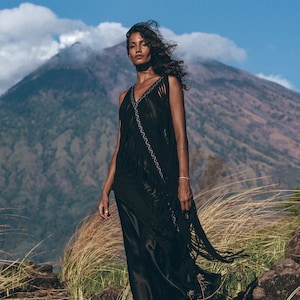 Boho Goddess Dress • Black Sheer Dress • Hand Loomed Maxi Dress • Embroidered Crochet Gown • Bohemian See Through Dress • Beach Cover up