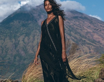 Boho Goddess Dress • Black Sheer Dress • Hand Loomed Maxi Dress • Embroidered Crochet Gown • Bohemian See Through Dress • Beach Cover up