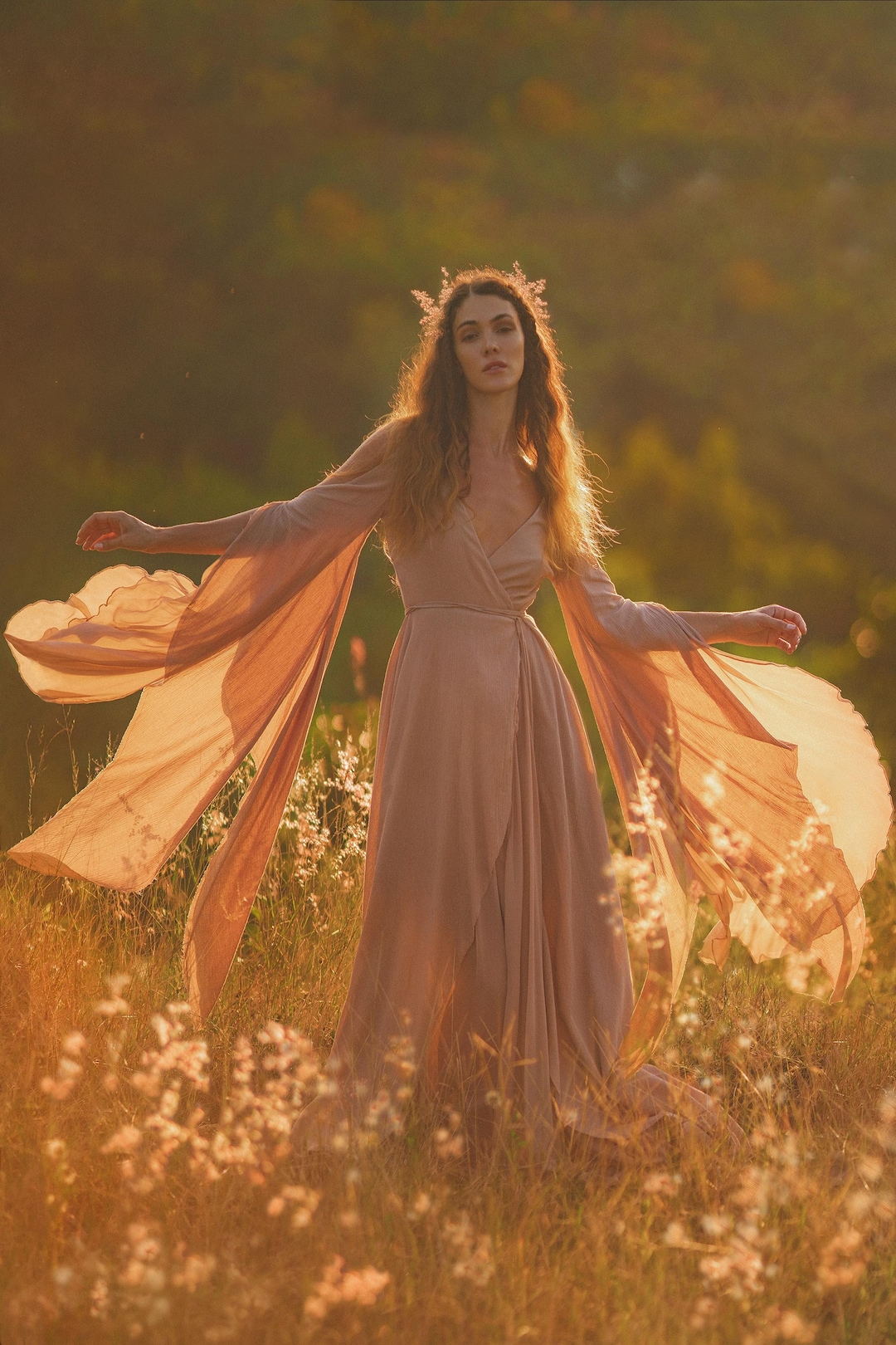 Dusty Rose Makosh Goddess Dress • Fairy Wings Wedding Guest Dress