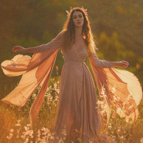 silk kimono wrap dress Dusty Rose Kimono Wrap Dress Silk Cotton Fairy Wedding Gown Boho Bridesmaid  Maxi Makosh