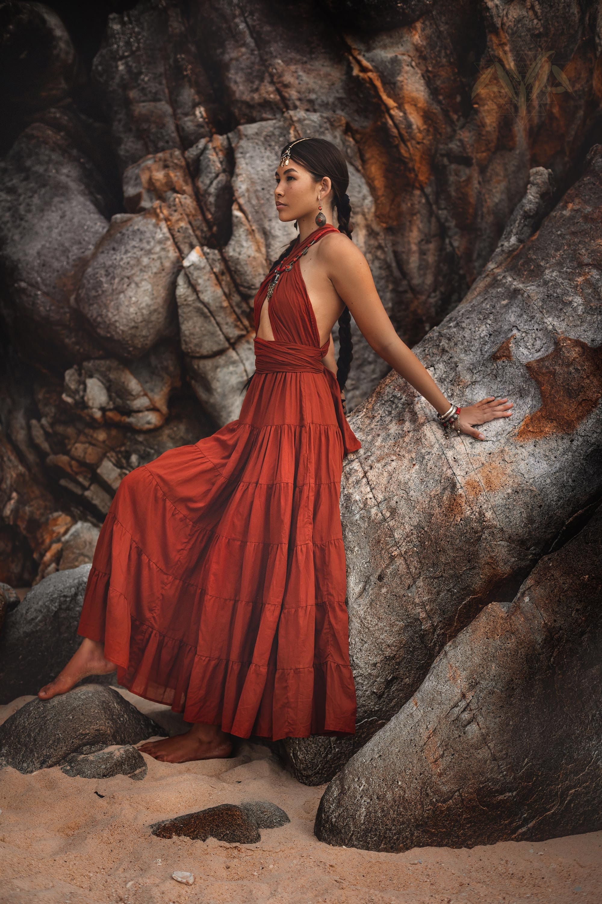 red festival dress Red Halter Maxi Dress Boho Festival Goddess Gown Wedding Bridesmaid Outfit  Sleeveless Backless Cotton