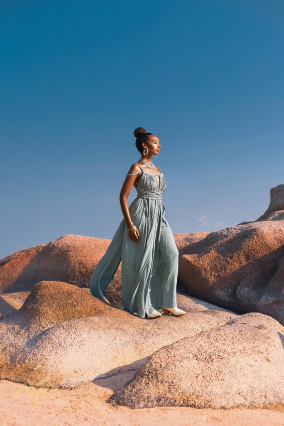 Sky Blue Ethereal Goddess Dress Organic Cotton Boho Halter Maxi Gown