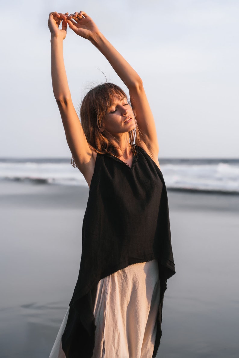 Black boho top for women \u2022 Organic linen tunic \u2022 Sleeveless blouse \u2022 Gypsy clothing tunic Black linen crop top \u2022 Flax backless top vest \u2022Aya