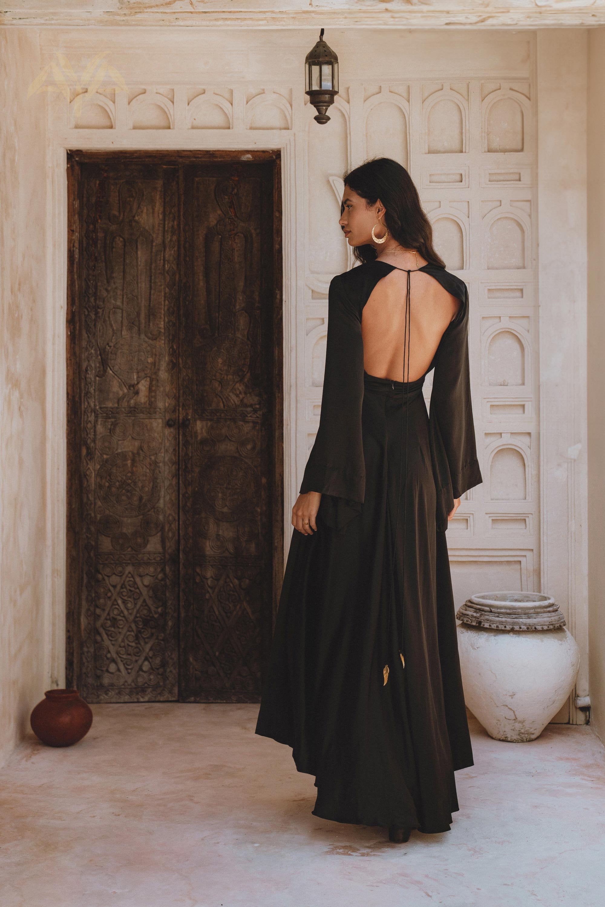 Black Sundari Silk Gown Boho Goddess Dress Open Back Bell Sleeve Fitted Maxi