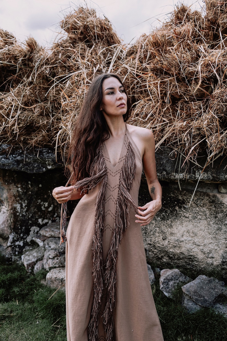 Brown Boho Dress with Tassels and Fringe Organic Bohemian Etsy