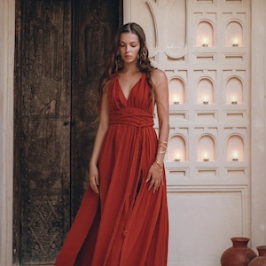 Get ready for any special occasion in our grecian inspired dress! Crafted from organic handwoven cotton, it will bring out your inner goddess.