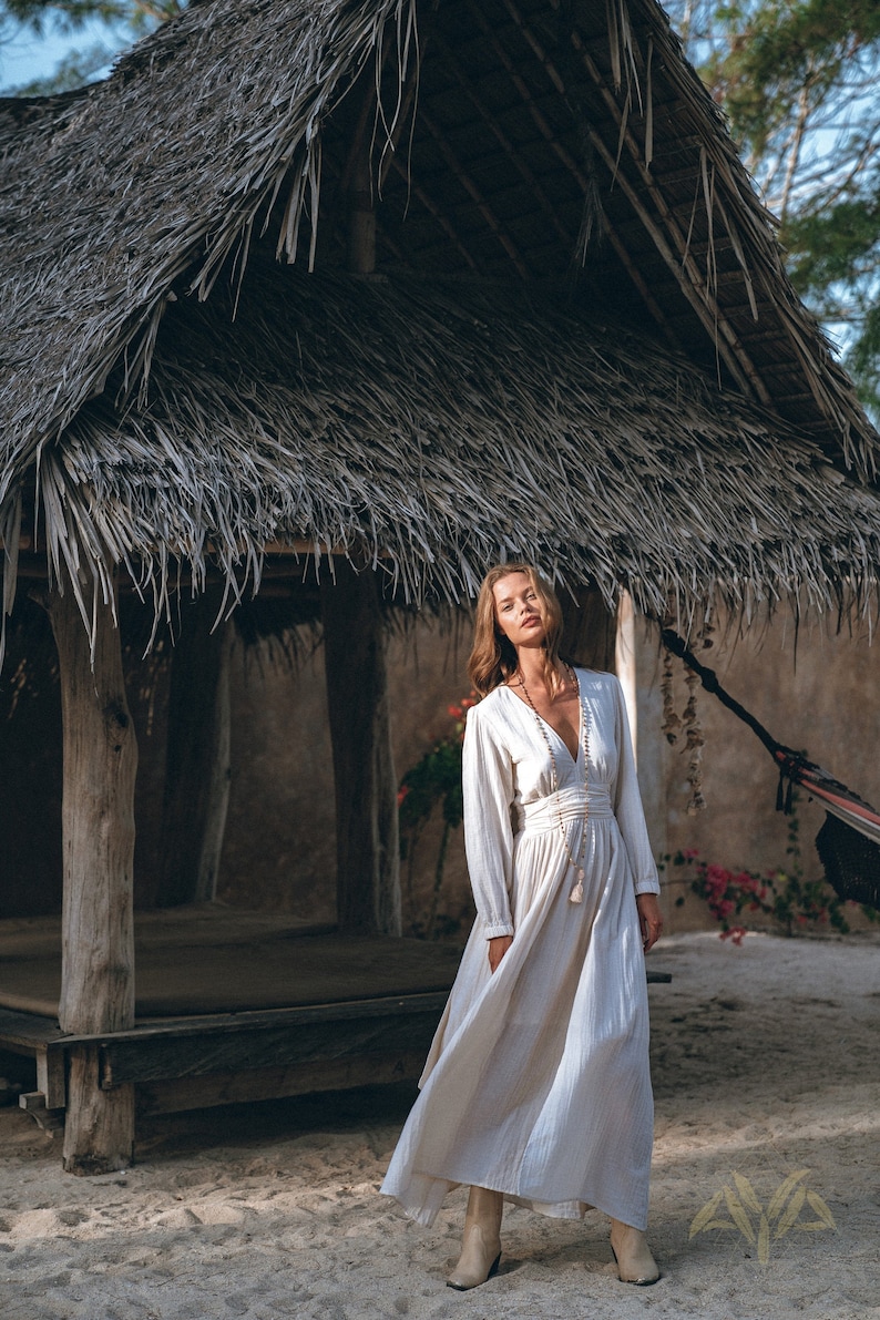 White Maxi Dress \u2022 Boho Dresses for Women \u2022 Long Sleeve Maxi Dress \u2022 Boho Maxi Dress \u2022 Sustainable Organic Cotton Bridesmaid Dress