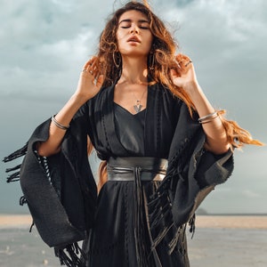 Make a Bold Statement in Our Black Fringe Robe, Featuring an Organic Raw Handwoven Cotton Fabric