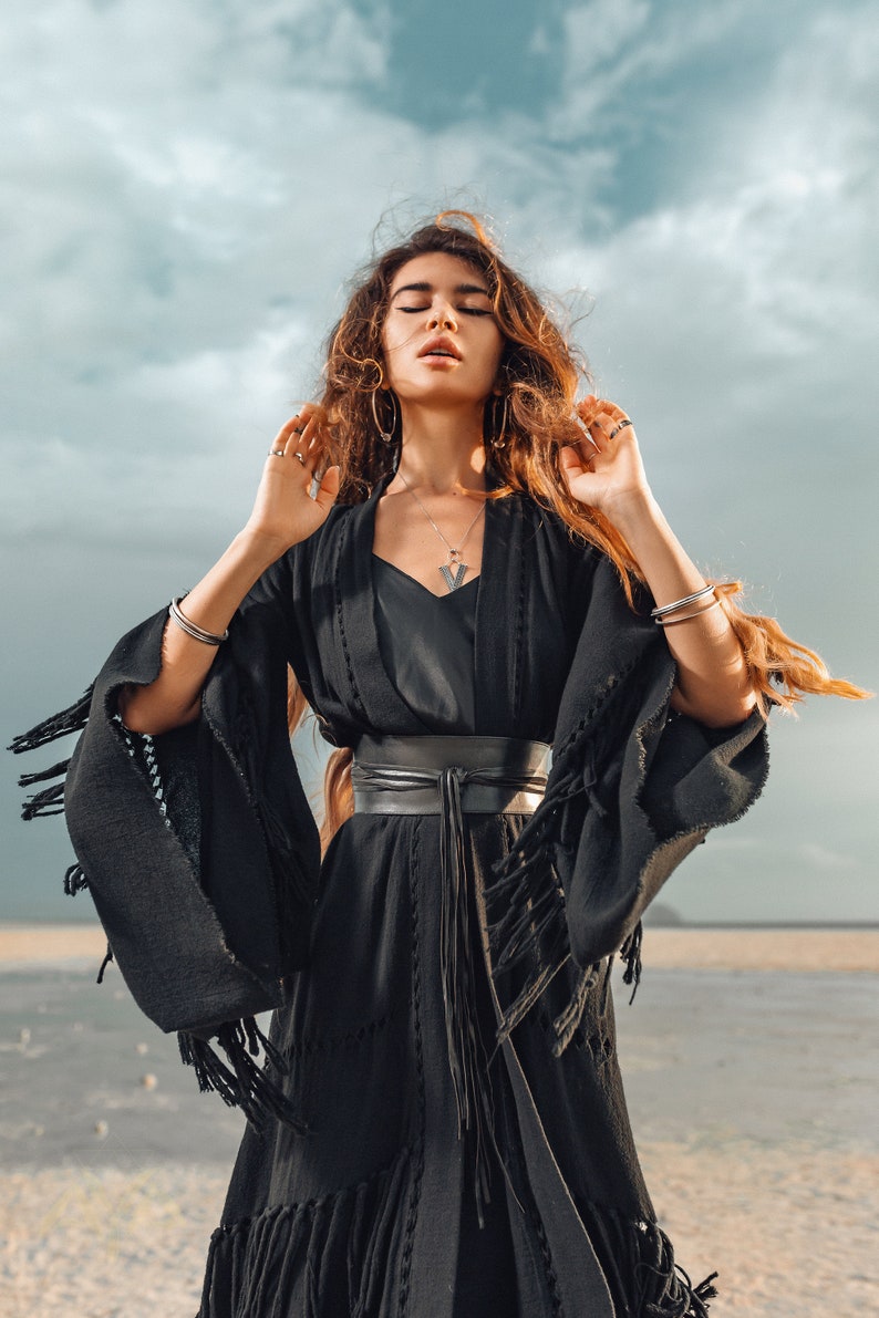 Make a Bold Statement in Our Black Fringe Robe, Featuring an Organic Raw Handwoven Cotton Fabric