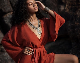 Red Boho Romper Women, Raw Cotton Festival Jumpsuit, Bell Sleeve Playsuit, Burning Man Outfit