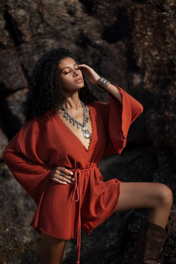 boho rompers and dresses Red Boho Romper Women, Raw Cotton Festival Jumpsuit, Bell Sleeve Playsuit,  Burning Man Outfit