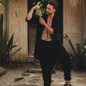 Black Cotton Trousers • Low Crotch Pants • Yoga Loose Pants • Festival Hipster Pants • Lounge Flowy Pants • Organic Tribal Clothing for Men