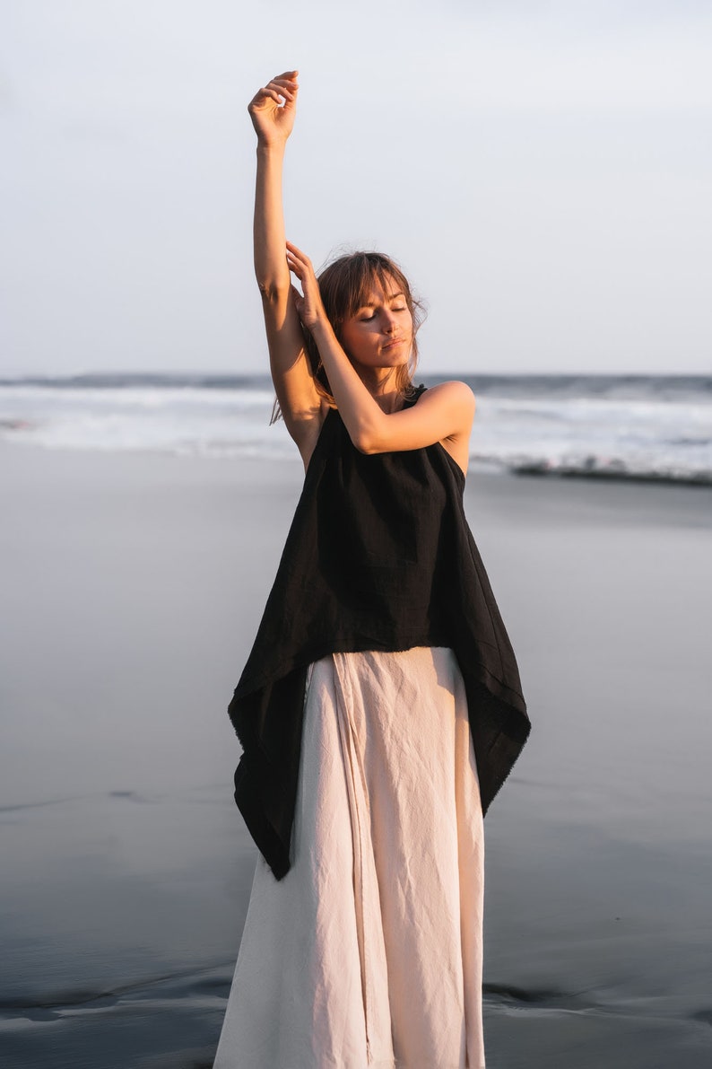Black boho top for women \u2022 Organic linen tunic \u2022 Sleeveless blouse \u2022 Gypsy clothing tunic Black linen crop top \u2022 Flax backless top vest \u2022Aya