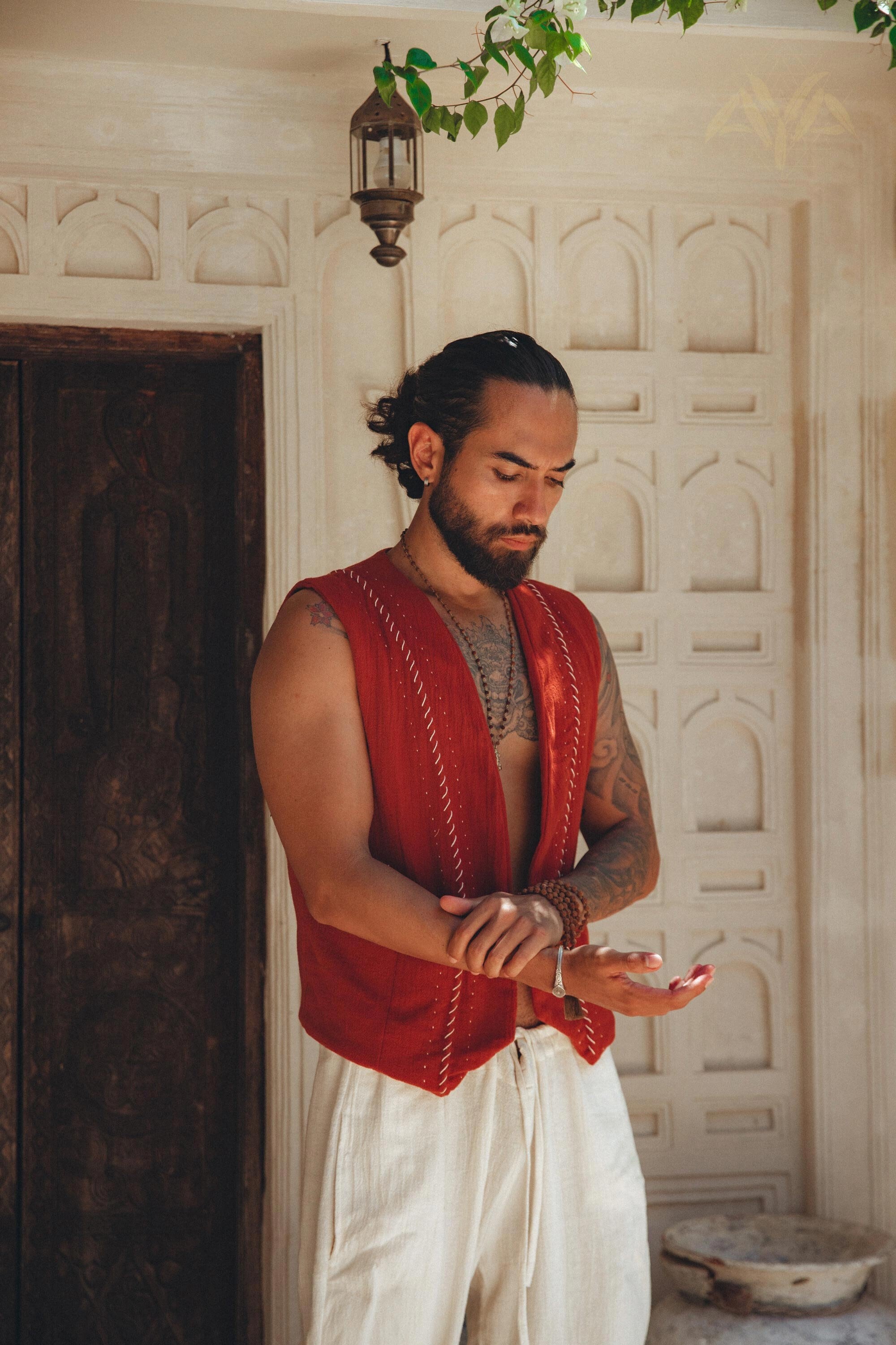 Red Bohemian Waistcoat for Men • Boho Organic Clothing • Hipster Vest Muscle Robe • Tribal Clothing • Mens Boho Vest • Male Ethnic Vest Men