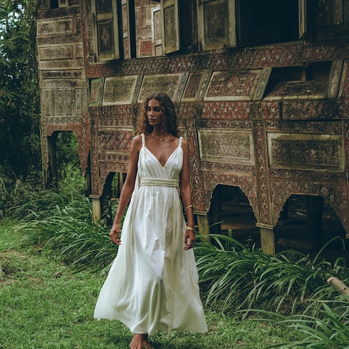Off White Greek Goddess Dress Belted Adjustable Wedding Boho Empire Waist Macrame Dress