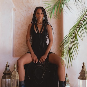 Black Linen Blend Boho Dress: Low Back, High Slit, Macrame Detail
