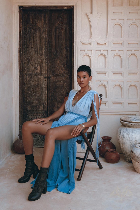 Light Blue to Deep Indigo Ombre Macramé Greek Goddess Dress 