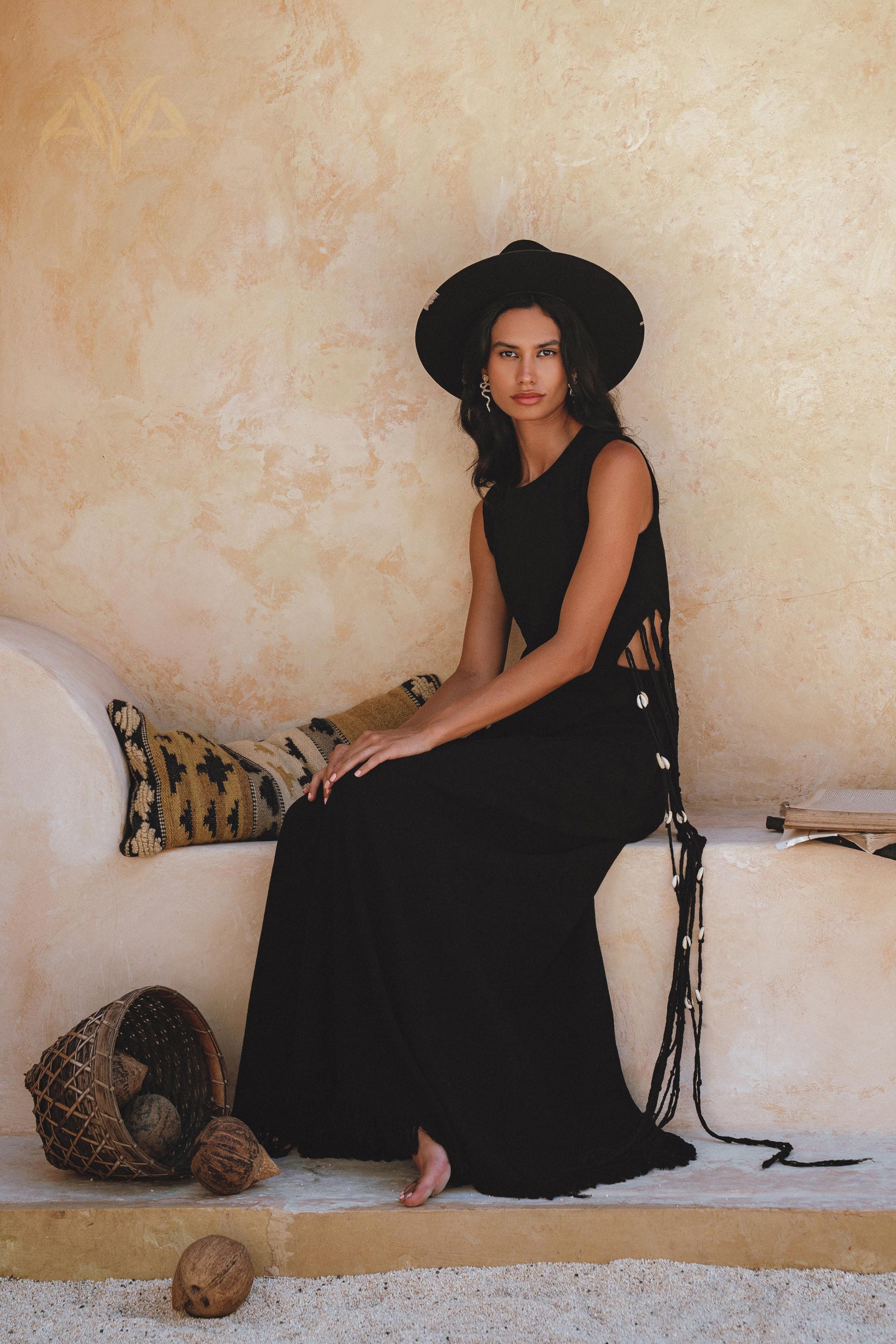 Selkie Black Dress • Organic Open-sided Maxi • Minimal Boho Shell Decorated Macrame Hippy Garment