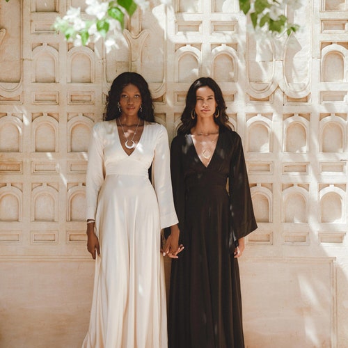 Black Sundari Silk Gown Boho Goddess Dress Open Back Bell Sleeve Fitted Maxi Black Sundari Silk Gown Boho Goddess Dress Open Back Bell Sleeve Fitted Maxi