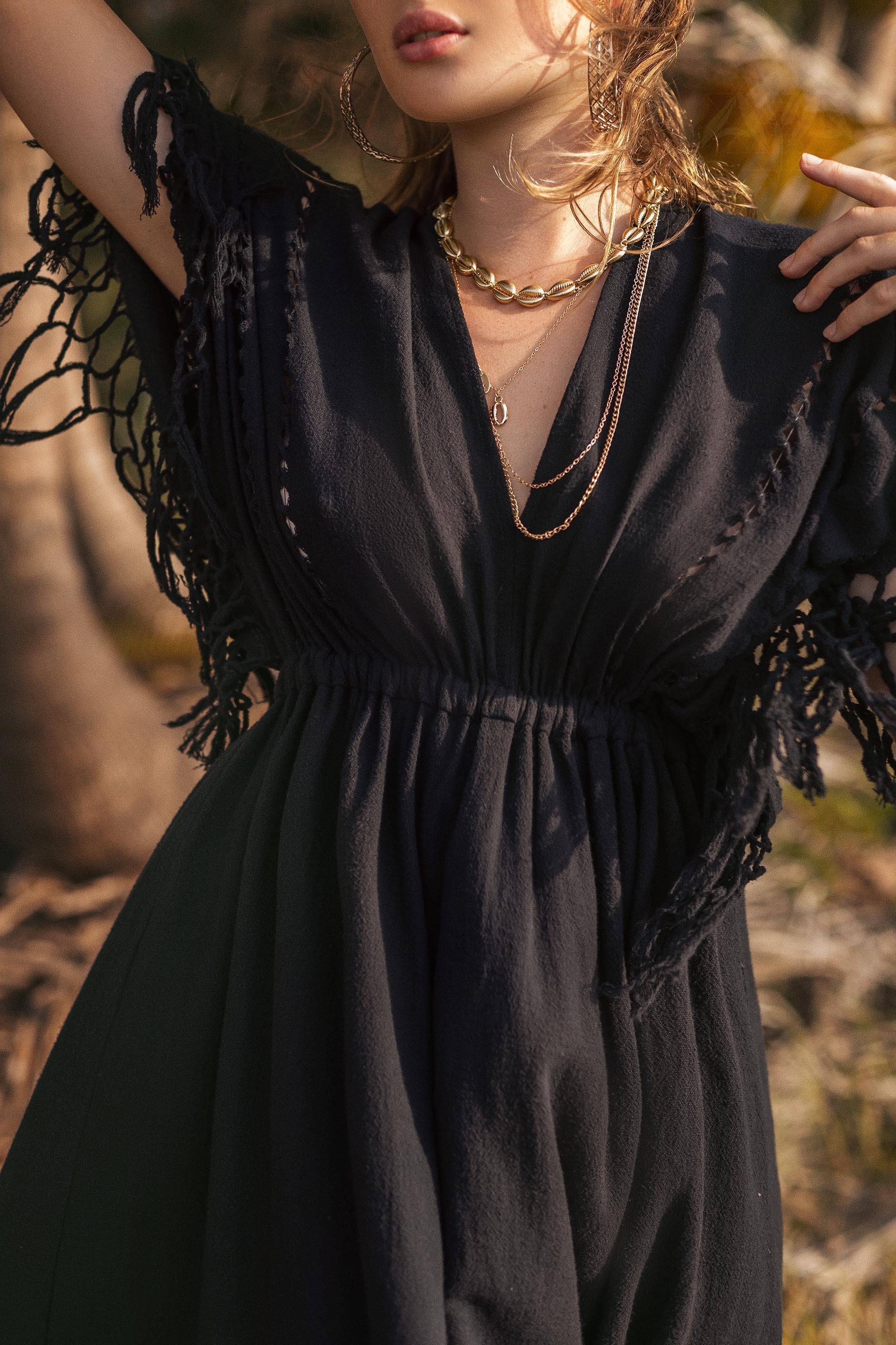 Black Cotton Kaftan Dress * Boho Fringe Sleeve Maxi * Gothic Evening Gown * Handloom Wedding Outfit