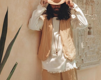 Beige Hand Embroidered Vest • Bohemian Ethnic Men's Top • Hippie Minimalist Boho Kimono