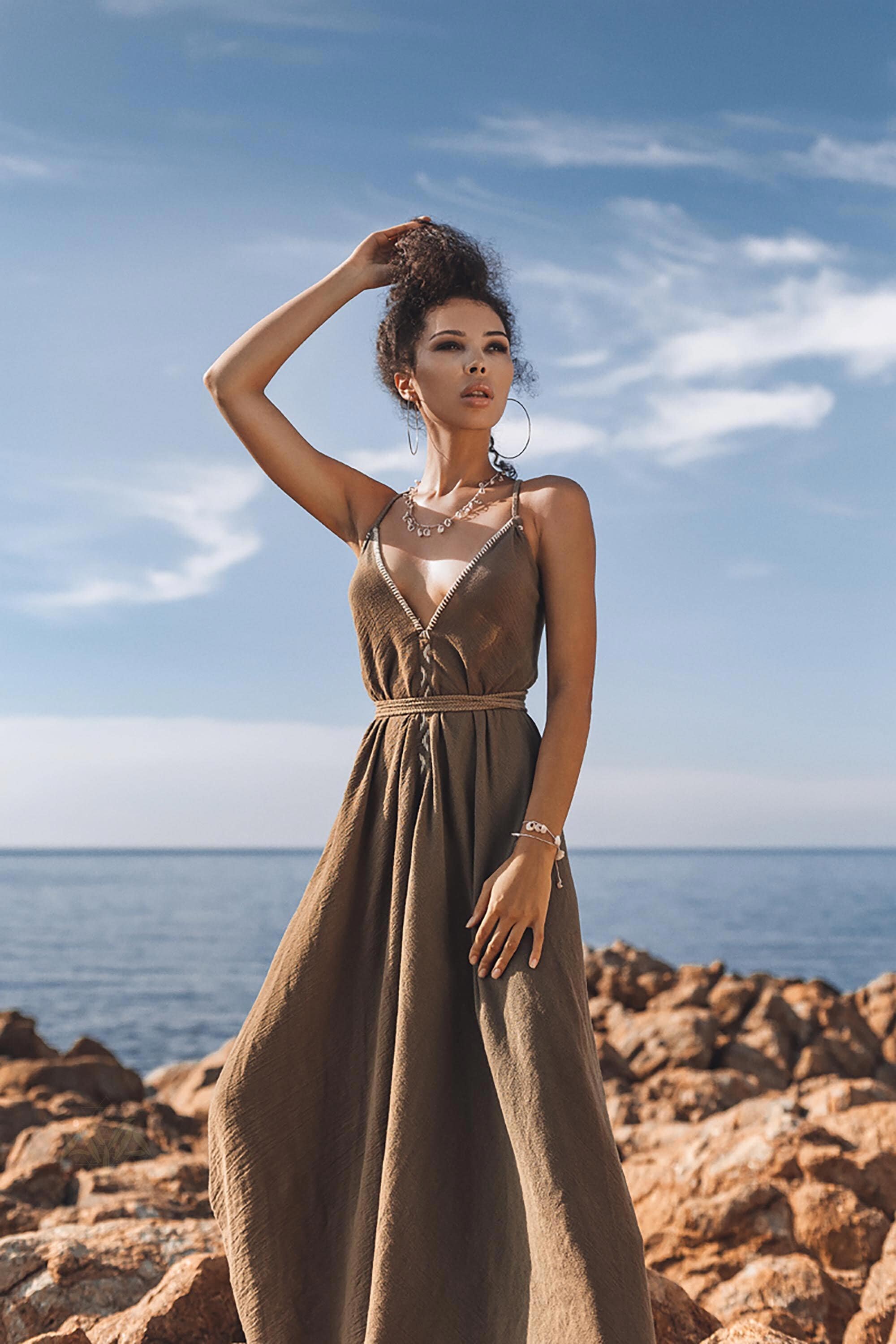 Green Boho Bridesmaid Dress Sage Embroidered Goddess Gown Adjustable Back Sustainable Wedding Maxi Dress