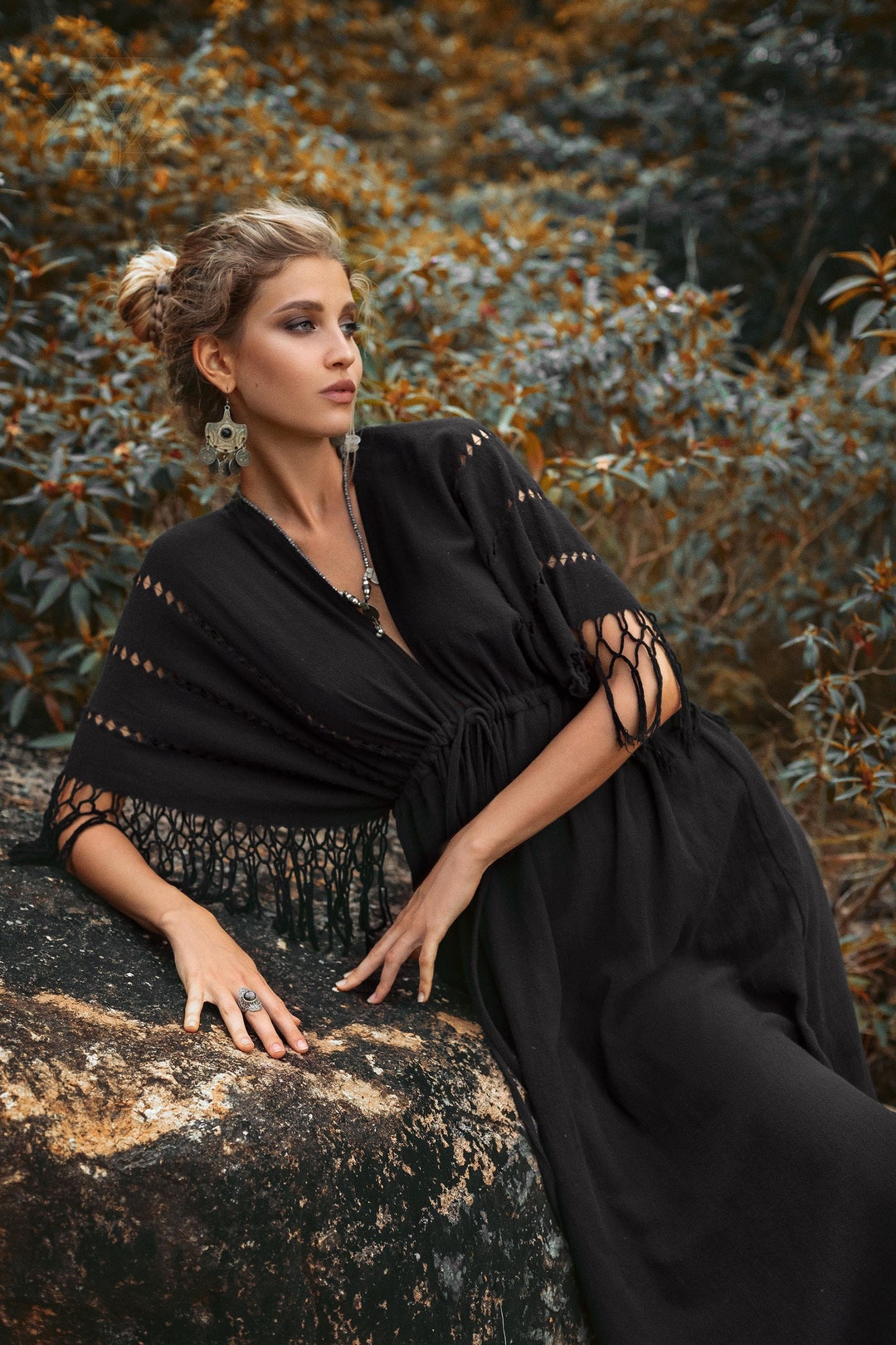 Black Cotton Kaftan Dress * Boho Fringe Sleeve Maxi * Gothic Evening Gown * Handloom Wedding Outfit