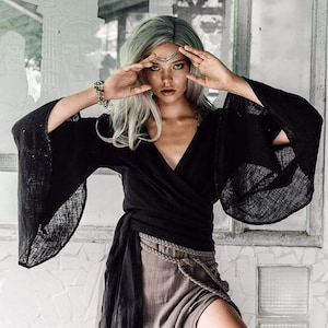Black Wrap Top Kimono Tunic • Boho Top for Women • Bohemian Bell Sleeve Tunic • Adjustable Wrap Blouse • Sustainable Organic Clothing Women