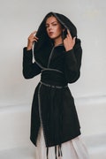 Black Hooded Kimono • Boho Plus Size Jacket • Handmade Wrap Cloak  • Belted Maternity Overcoat • Bohemian • Cape Long Cardigan with Pockets product logo