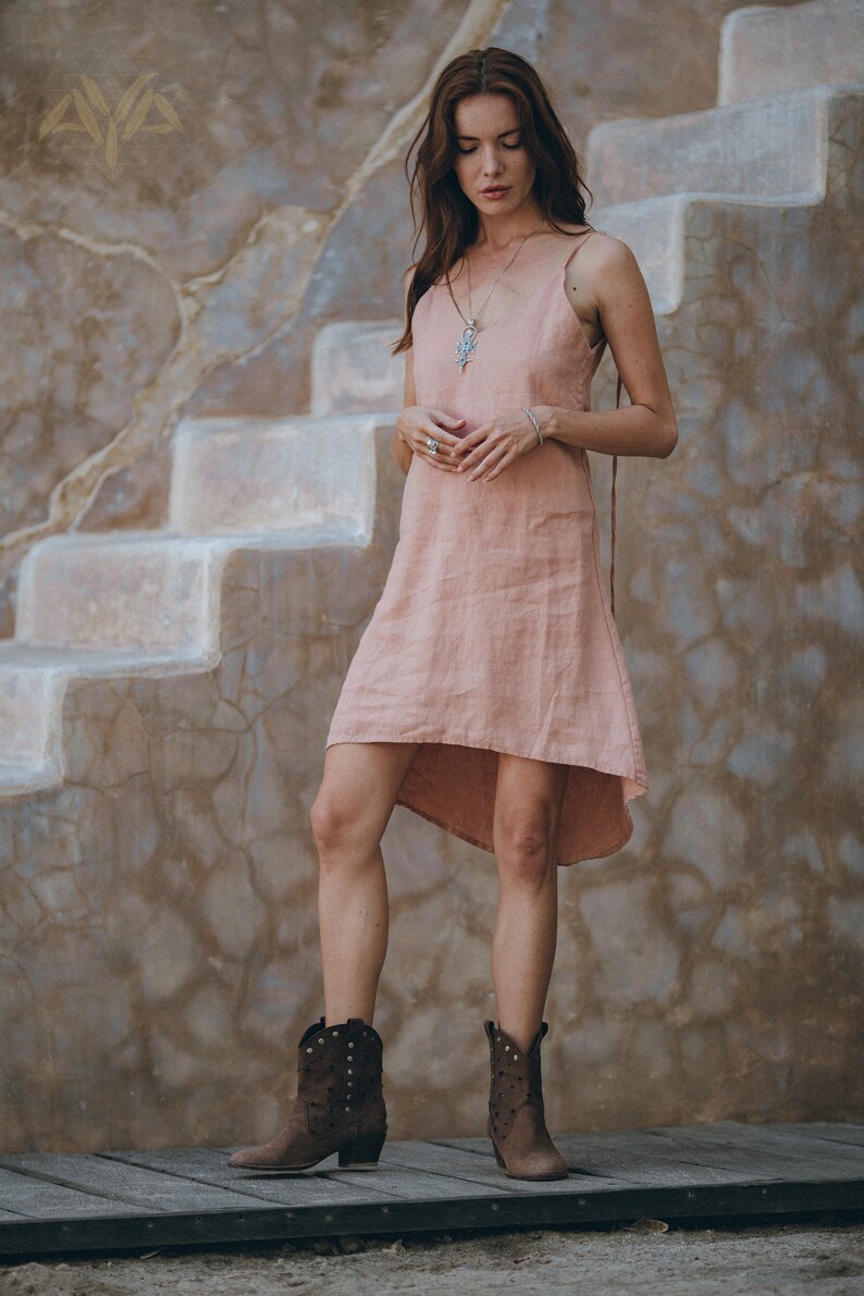 Pink Linen Mini Dress \u2022 Bohemian Slip Mini Dress \u2022 Organic Linen High Low Dress \u2022 Linen Open Back Mini Dress \u2022 Pink Low Back Slip Dress Mini