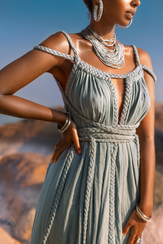 Greek Goddess Dress • Regency Renaissance Dress • Plated Bridesmaid Dress •  Boho Bohemian Priestess Dress • Sky Blue Bridgerton Costume