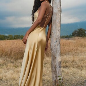 Gold Silk Maxi Dress • Deep V-Neck Long Dress • Backless Bridesmaid & Evening Gown image 11