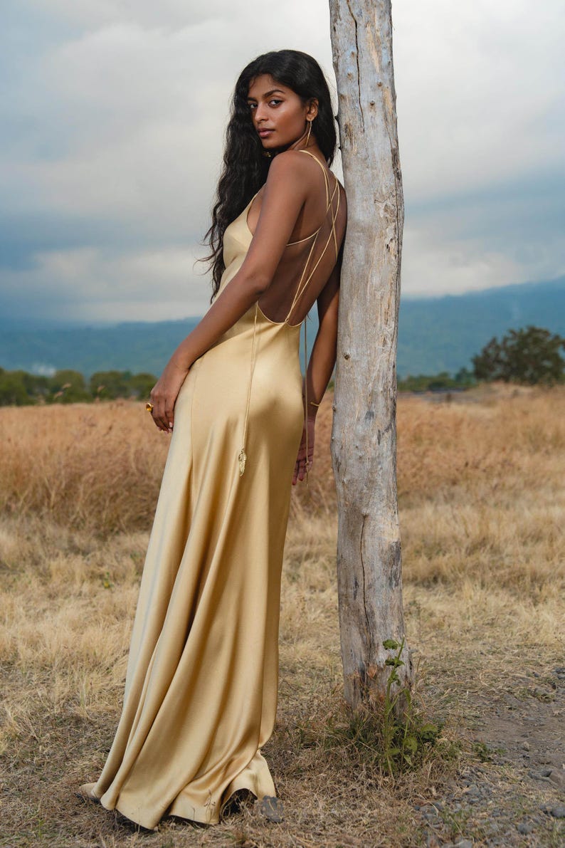 Gold Silk Maxi Dress • Deep V-Neck Long Dress • Backless Bridesmaid & Evening Gown image 11