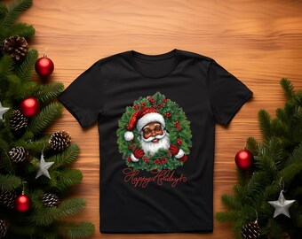 Camisa negra de Papá Noel, camisa navideña, camisa afroamericana de Papá Noel, camisa negra de Papá Noel para las fiestas