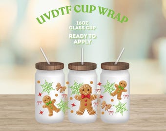 Envoltura UV DTF de pan de jengibre para Navidad, lista para aplicar, envoltura para vasos de 16 oz, envoltura navideña para vasos
