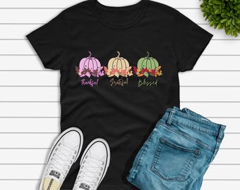 Camiseta de agradecimiento, agradecida y bendecida, camiseta de Acción de Gracias, linda camiseta de otoño, camiseta de calabaza