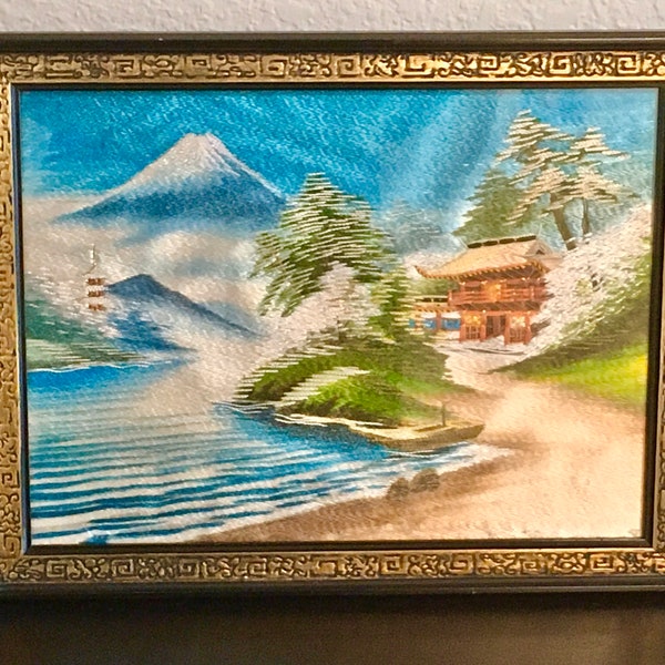 Japanese Textile Art Mount Fuji / Vintage Art Japan / Pagoda Mt. Fuji / Black Gold Frame / Ready to Hang