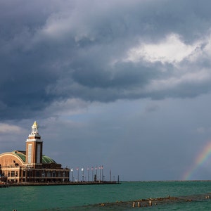 Navy Pier Rainbow Print (5x7, 8x10, 11x14) - Chicago Photography, Dramatic Sky, Sunshine Through Clouds, Lakeshore Wall Art