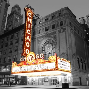 Chicago Theater Print (5x7, 8x10, 11x14) - Chicago Photography, Urban Night Lights, Neon Sign Wall Art, black and white photography