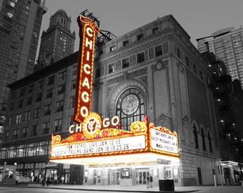 Impresión de teatro de Chicago (5 x 7, 8 x 10, 11 x 14): fotografía de Chicago, luces nocturnas urbanas, arte mural con letreros de neón, fotografía en blanco y negro