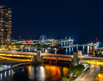 Navy Pier Night Photograph: Chicago Skyline Art Print