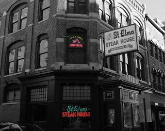 St. Elmo Steak House Print (5x7, 8x10, 11x14) - Indianapolis Indiana, Downtown Indy, Neon Sign Wall Art, black & white photography