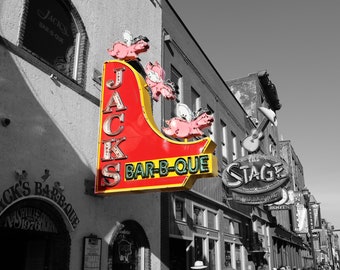 Nashville Broadway Print: Jack's BBQ Neon Sign, Black & White Photography