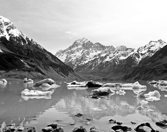Mt. Cook Black and White Photo: New Zealand Wall Art Print