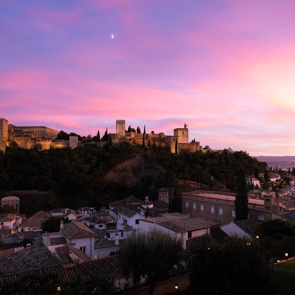 Alhambra Sunset Print || Granada Spain Photography || White Houses of Granada || Andalusian Historic Palace || Moorish Architecture Art