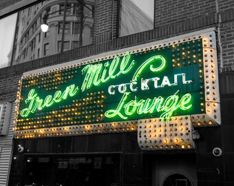 Green Mill Chicago Print (5x7, 8x10, 11x14) - Chicago Photography, Urban Night Lights, Neon Sign Wall Art, Bill Maher Marquee