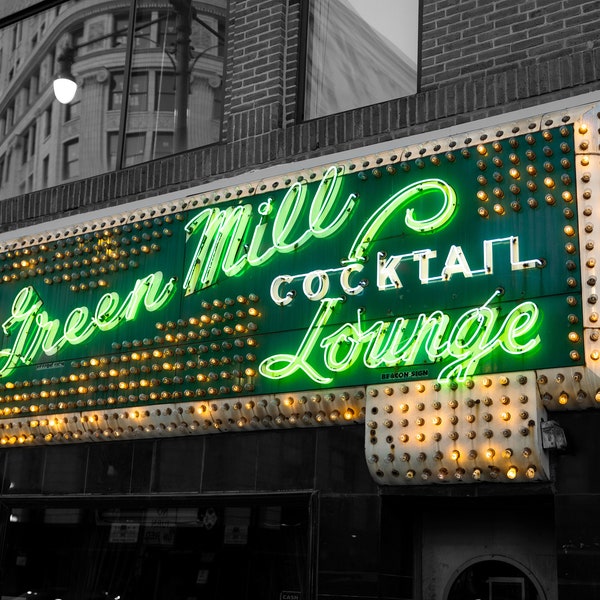 Green Mill Chicago Print (5x7, 8x10, 11x14) - Chicago Photography, Urban Night Lights, Neon Sign Wall Art, Bill Maher Marquee