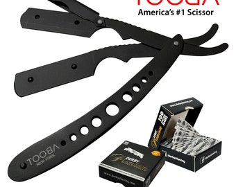 May include: Black straight razor with the text "TOOB" and "NEW YORK". The razor is open, with a blade exposed. Two boxes of "DERBY Premium" razor blades are also visible, along with the text "America's #1 Scissor".